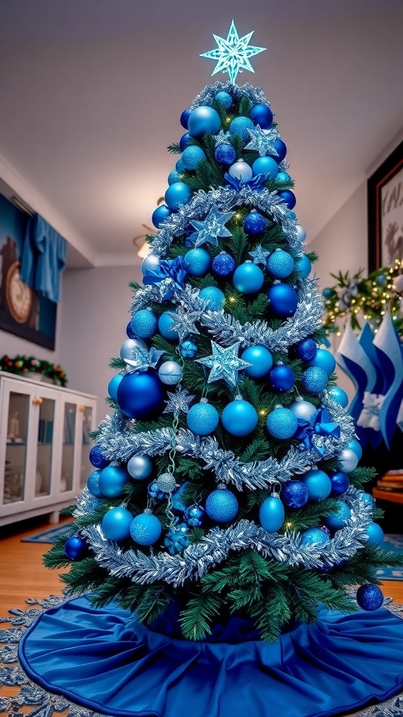 Blue Christmas Tree Decoration Ideas A stunning blue Christmas tree with ornaments, lights, and a star topper in a festive living room.